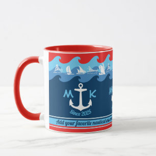 Nautical Monogram Anchor Waves Boat Red White Blue Mug