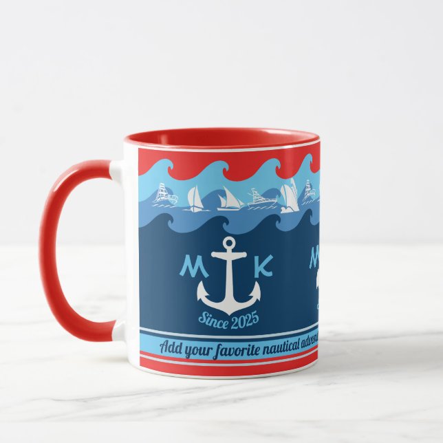 Nautical Monogram Anchor Waves Boat Red White Blue Mug (Left)