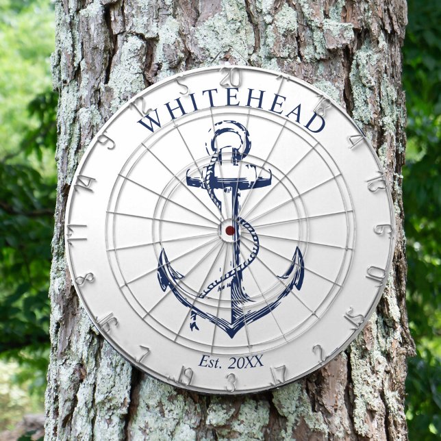 Nautical Monogram Anchor White Dartboard (Personalized nautical anchor design. Great for a family reunion, wedding, or family gift.)
