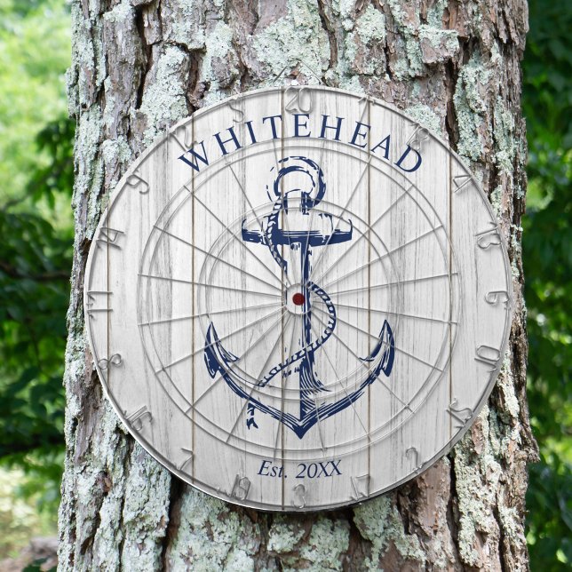 Nautical Monogram Anchor White Wood Dartboard (Personalized nautical anchor design. Great for a family reunion, wedding, or family gift.)