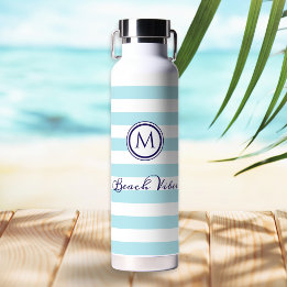 Nautical Monogram Beach Vibes Blue White Striped Water Bottle