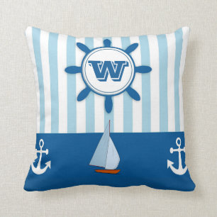 Nautical Monogram Blue White Stripe Beach Throw Pillow