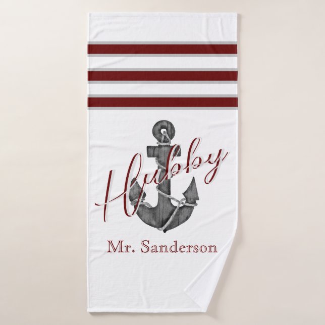 Nautical Monogram Maroon Red Floral Anchor  Bath Towel (Bath Towel)