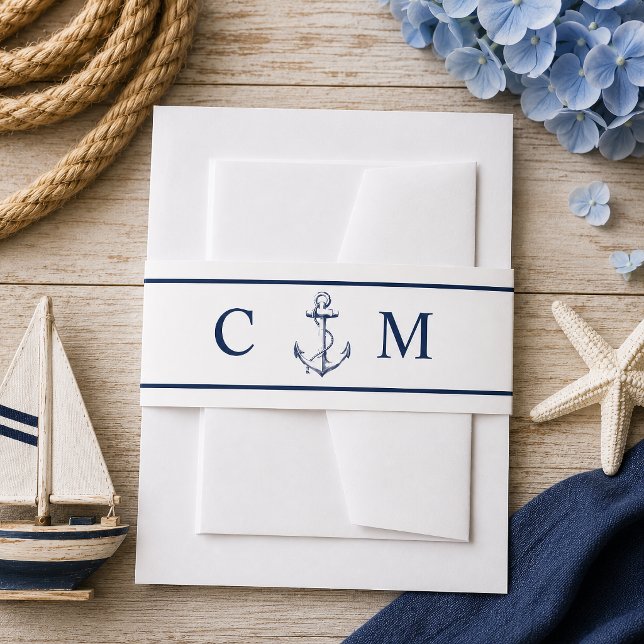 Nautical Monogram Navy Anchor Wedding Invitation Belly Band (This navy blue anchor wedding invitation belly band in a classic nautical style.)