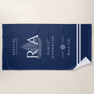 Nautical Monogram Navy Beach Towel
