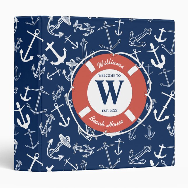 Nautical Monogram Navy Blue Anchor Beach House Binder (Front/Spine)