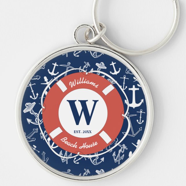 Nautical Monogram Navy Blue Anchor Beach House Keychain (Front)