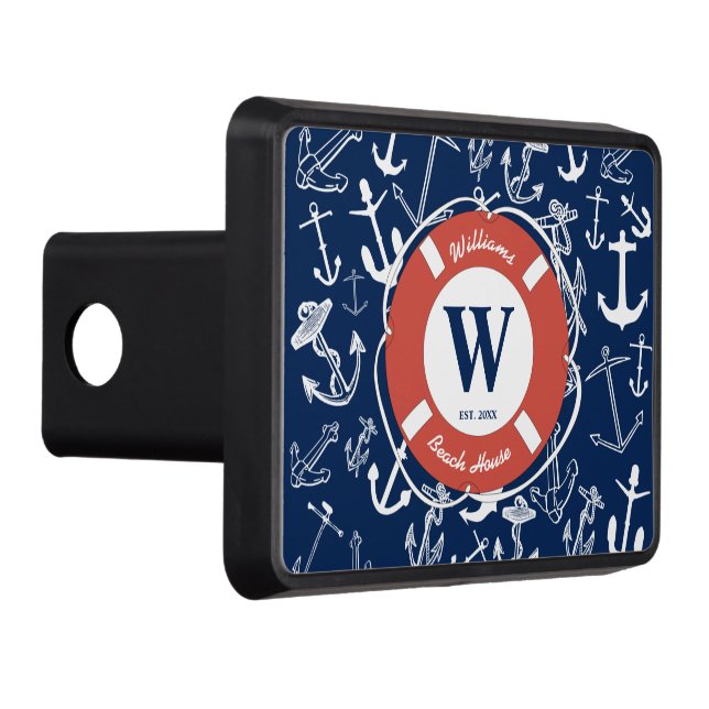 Nautical Monogram Navy Blue Anchor Beach House Trailer Hitch Cover (Right)