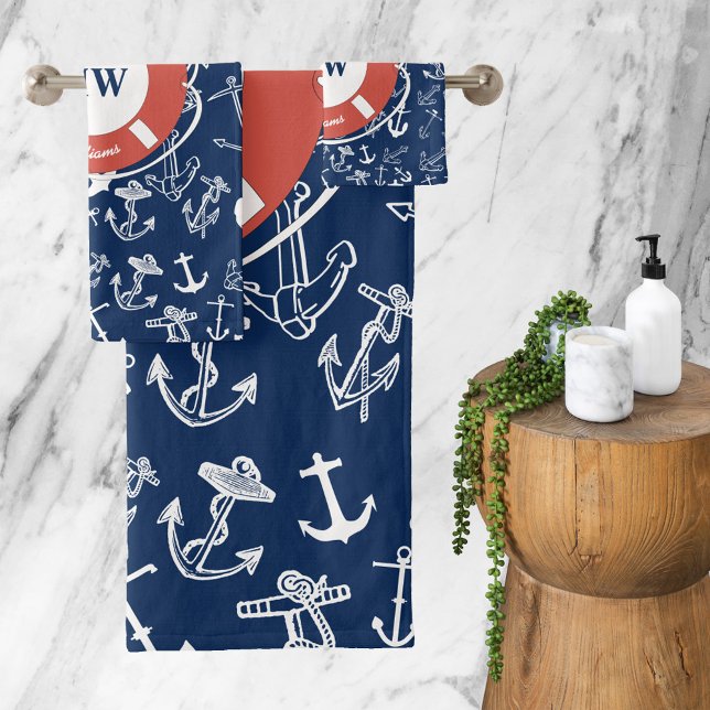 Nautical Monogram Navy Blue Anchor Pattern Bath Towel Set (Creator Uploaded)