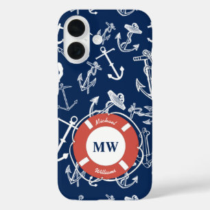 Nautical Monogram Navy Blue Anchor Pattern iPhone 16 Case