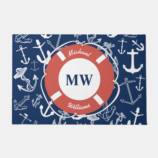 Nautical Monogram Navy Blue Anchor Pattern Doormat (Front)