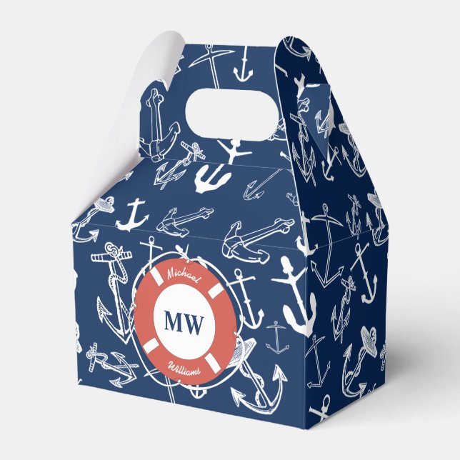 Nautical Monogram Navy Blue Anchor Pattern Favor Box (Front Side)