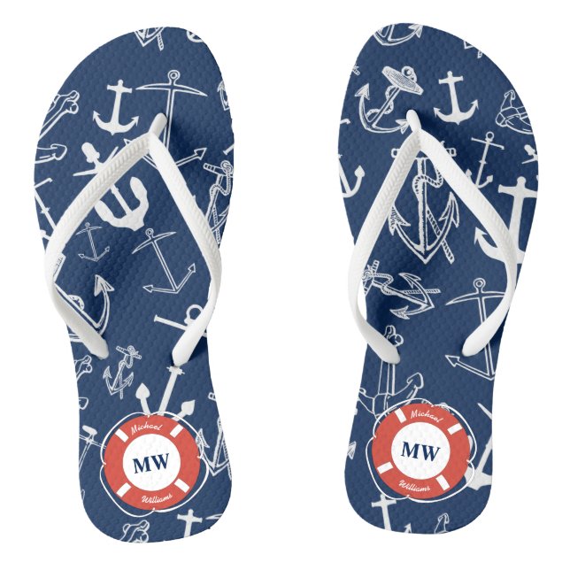 Nautical Monogram Navy Blue Anchor Pattern Flip Flops (Footbed)