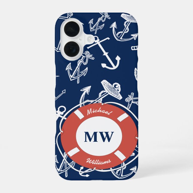 Nautical Monogram Navy Blue Anchor Pattern iPhone 16 Case (Back)