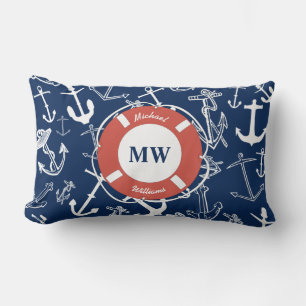 Nautical Monogram Navy Blue Anchor Pattern Lumbar Pillow