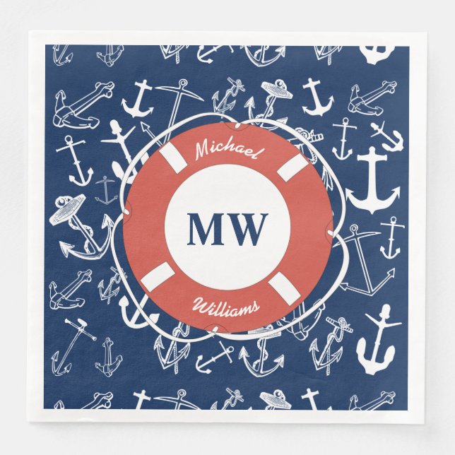 Nautical Monogram Navy Blue Anchor Pattern Napkin (Front)