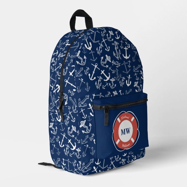 Nautical Monogram Navy Blue Anchor Pattern Printed Backpack (Back Corner Left)