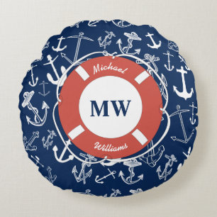 Nautical Monogram Navy Blue Anchor Pattern Round Pillow