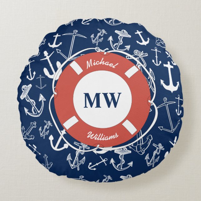 Nautical Monogram Navy Blue Anchor Pattern Round Pillow (Front)