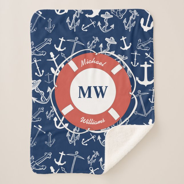 Nautical Monogram Navy Blue Anchor Pattern Sherpa Blanket (Front)