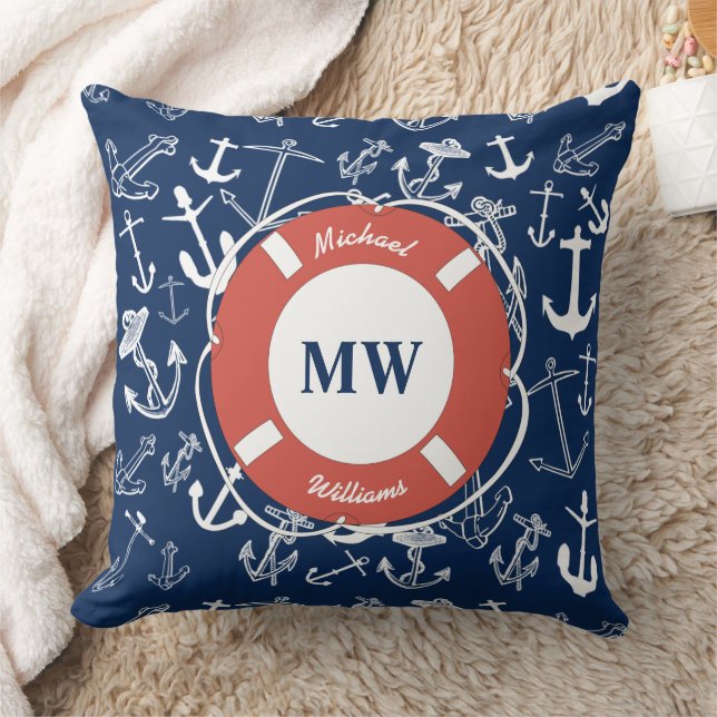 Nautical Monogram Navy Blue Anchor Pattern Throw Pillow (Blanket)