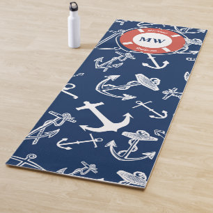 Nautical Monogram Navy Blue Anchor Pattern Yoga Mat