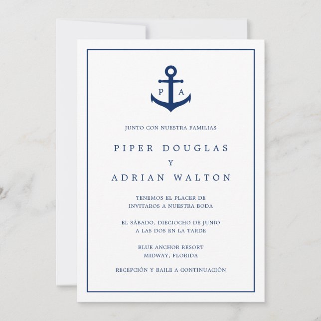 Nautical Monogram Navy Blue Anchor Spanish Wedding Invitation (Front)