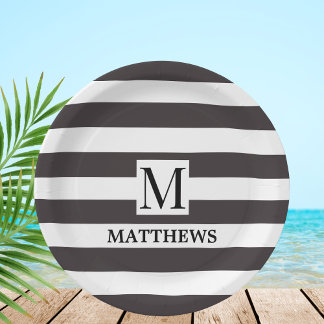 Nautical Monogram Navy Blue Stripes Family Name  Paper Plate