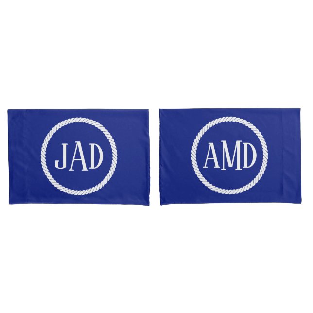 Nautical Monogram Navy Blue White Rope Circle Pillowcase (Front-Set)