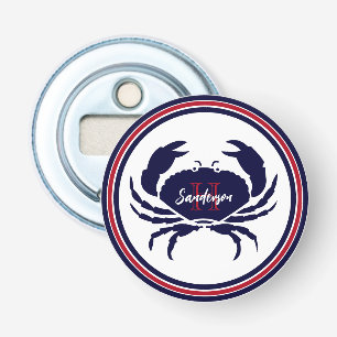 Nautical monogram red navy white crab  bottle opener