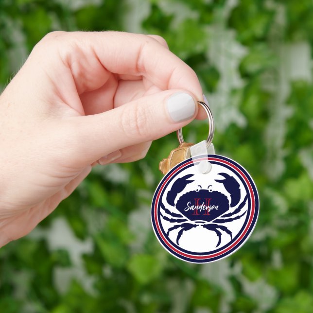 Nautical monogram red navy white crab  keychain (Hand)