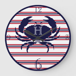 Nautical monogram red navy white crab large clock