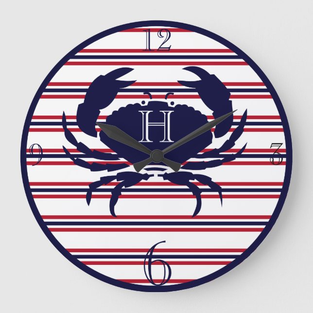 Nautical monogram red navy white crab large clock (Front)