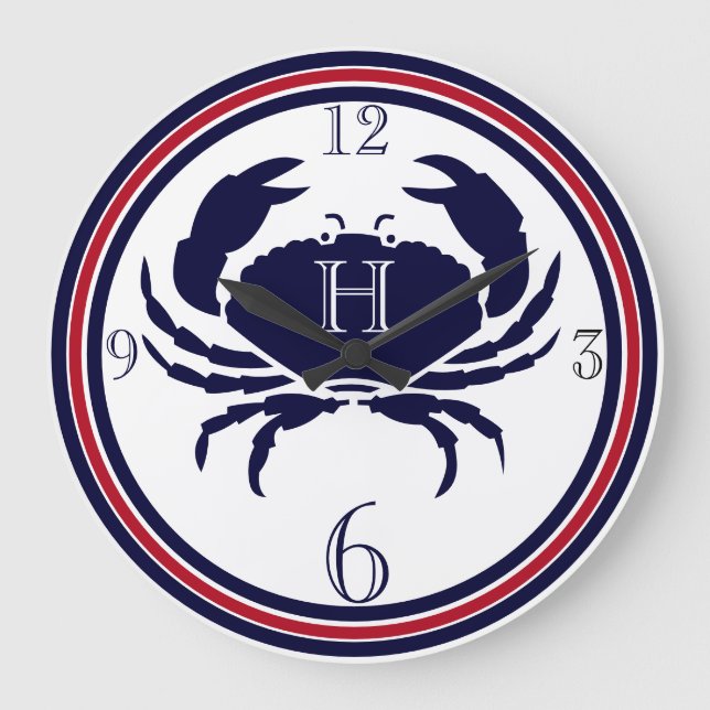 Nautical monogram red navy white crab large clock (Front)