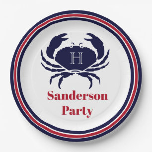 Nautical monogram red navy white crab  paper plate