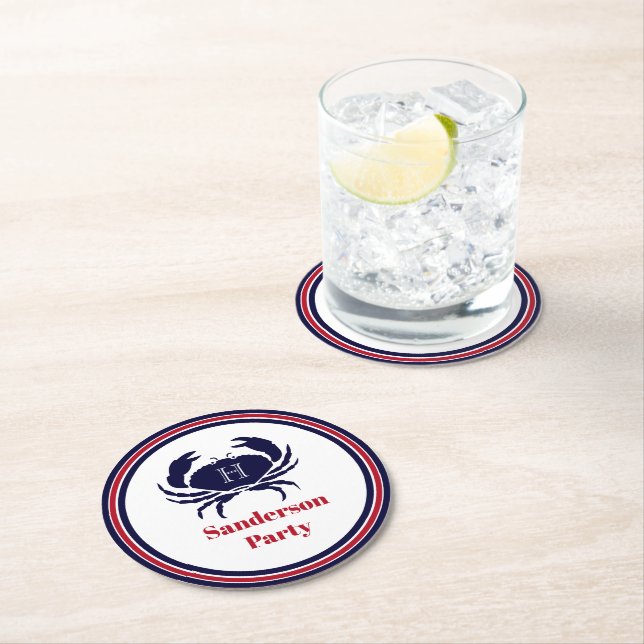 Nautical monogram red navy white crab  round paper coaster (Insitu)