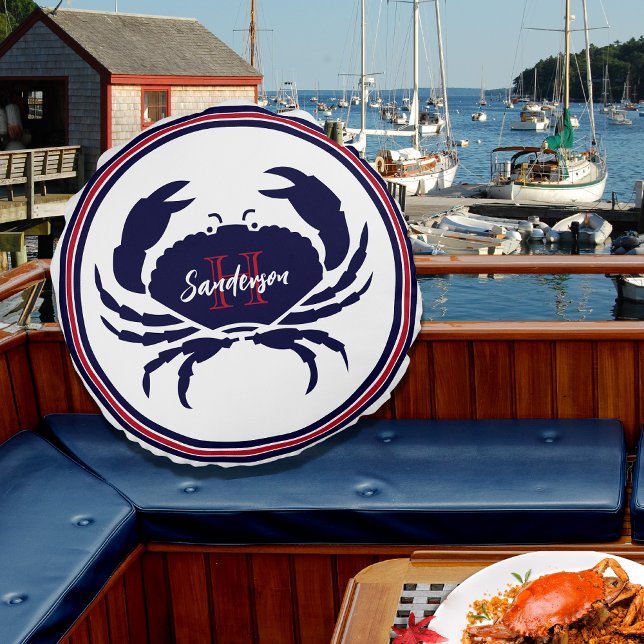 Nautical monogram red navy white crab  round pillow (Creator Uploaded)