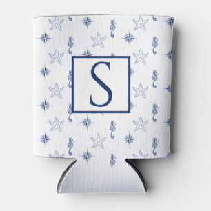 Nautical monogram Seahorse Starfish Navy Blue   Can Cooler