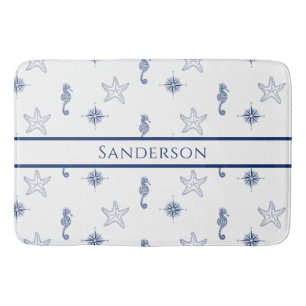 Nautical monogram Seahorse Starfish Navy Blue Sho Bath Mat