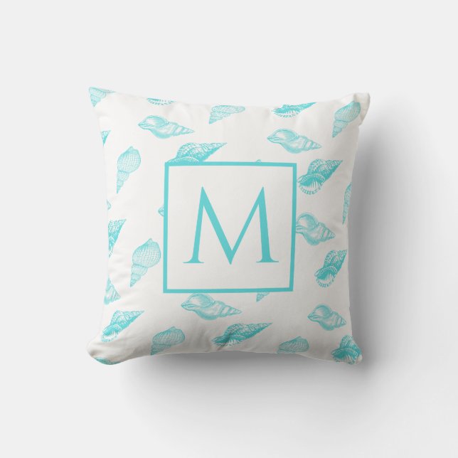 Nautical monogram Seashell Shells Aqua Teal Blue   Throw Pillow (Front)