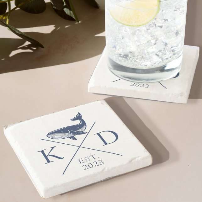 Nautical Monogram Whale Navy Stone Coaster (Immerse yourself in the calming, serene energy of the sea with our Monogram Whale Stone Coaster)