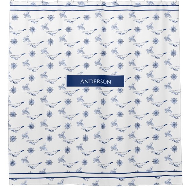  Nautical monogram Whales and octopus navy White  (Front)