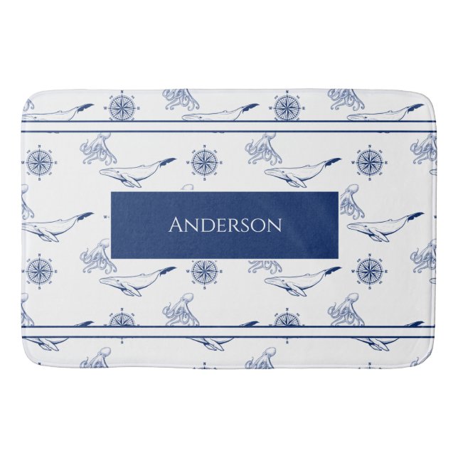  Nautical monogram Whales and octopus navy White Bath Mat (Front)