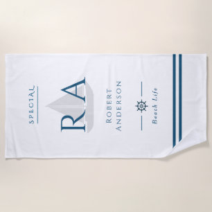 Nautical Monogram White Beach Towel