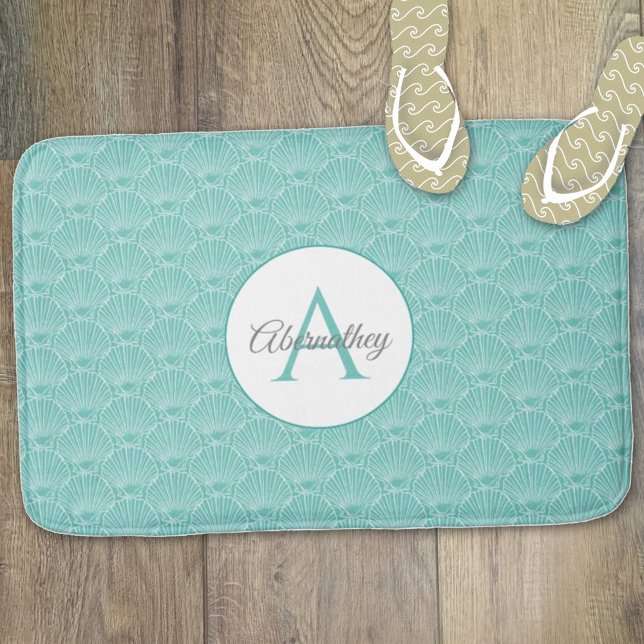 Nautical Monogram White Shell Pattern Beach House Bath Mat (Creator Uploaded)
