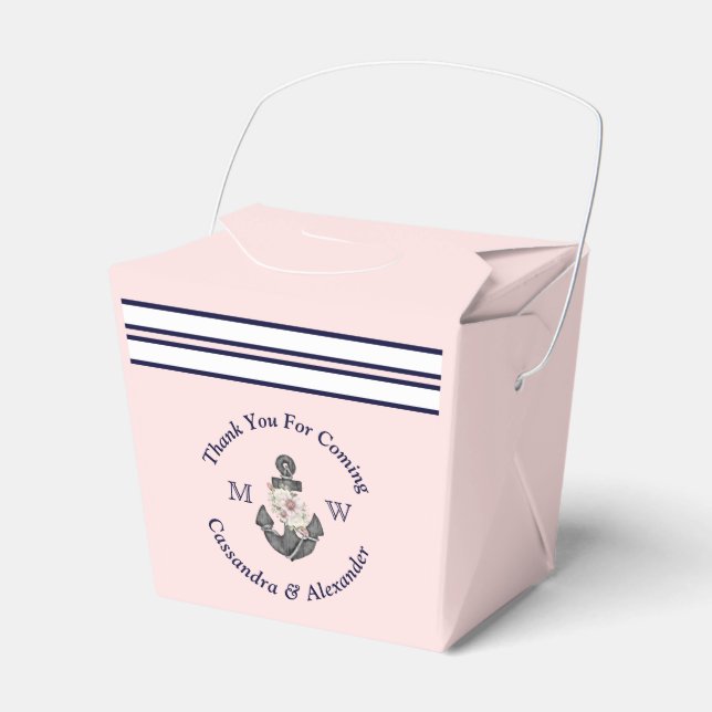 Nautical Monogrammed Pink Navy Blue Floral Anchor  Favor Box (Front Side)