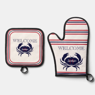 Nautical monogrammed red navy blue white crab  oven mitt & pot holder set