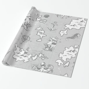 nautical monotone antique pirate map wrapping paper