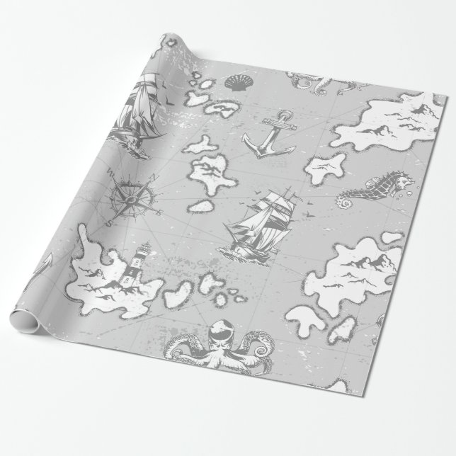 nautical monotone antique pirate map wrapping paper (Unrolled)