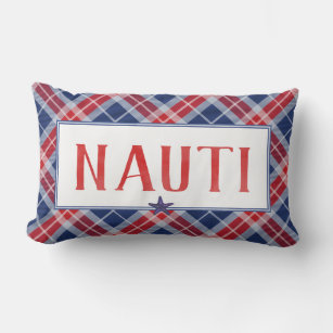Nautical NAUTI Christmas Starfish Blue Red Plaid Lumbar Pillow